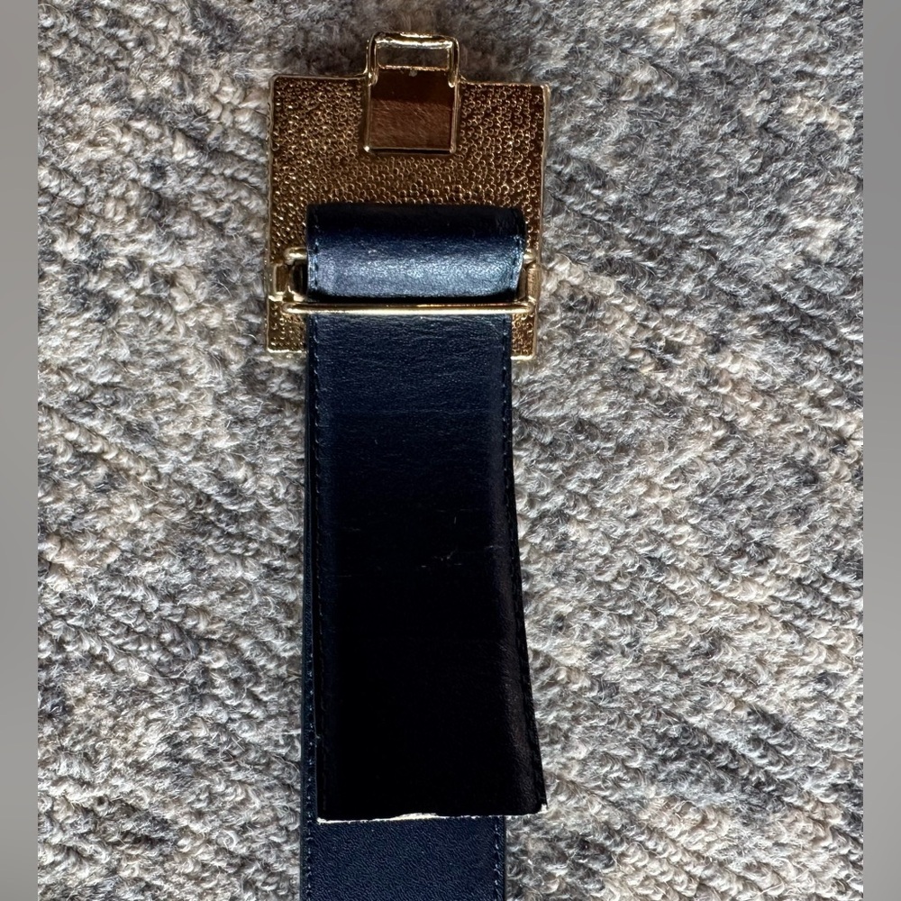 Navy Leather Adjustable Belt with Gold Basketweave Hardware Small festival - Picture 5 of 8